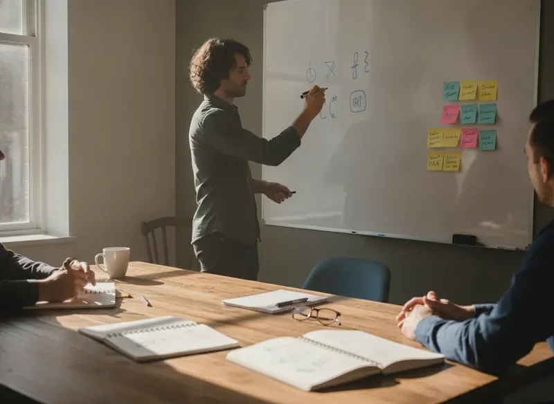 Collaborative workshop with sticky notes and notebooks showing Praman consulting approach